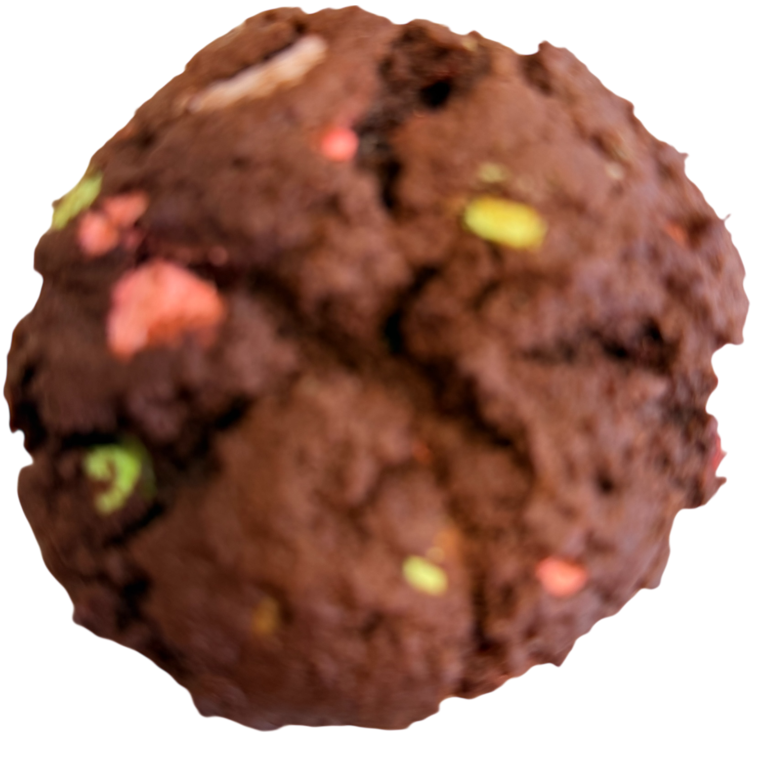 Close-up of a chocolate cookie with colorful cereal marshmallows